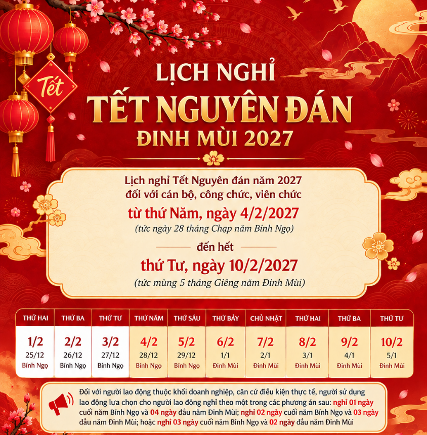 Đắk Lắk Thông báo lịch nghỉ Tết Âm lịch và nghỉ lễ Quốc Khánh năm 2027